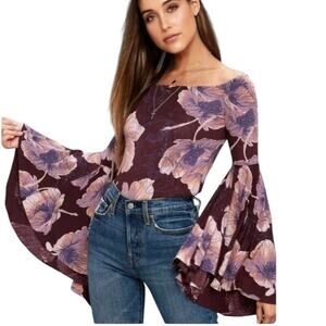 We The Free People Birds of Paradise Floral Off Shoulder Flare Sleeve Top Sz M